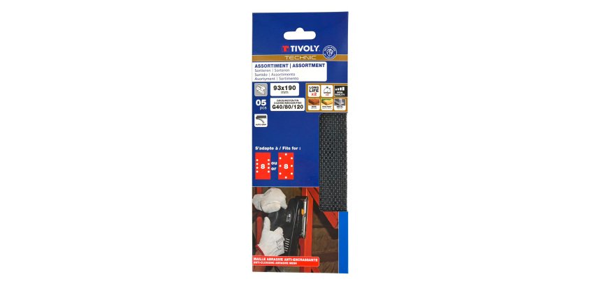 Patin auto-agrippant Tivoly multi-usages 93 x 190 mm - Grain 40, 80, 120 - Lot de 5