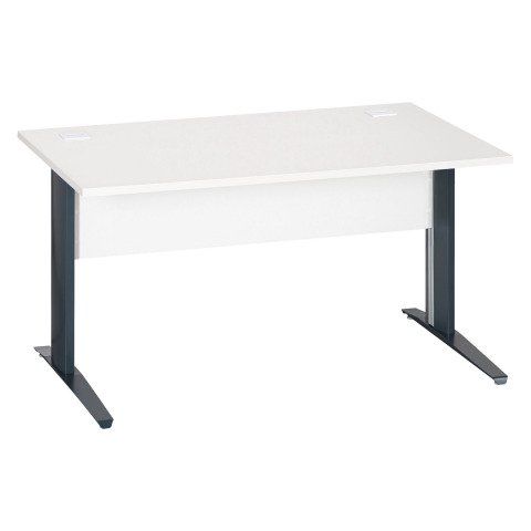Mesa recta patas metal en "L" Excellens blanca An 140 cm con panel de fondo recto patas antracitas