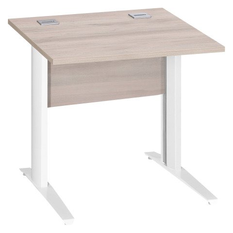Mesa recta patas metal en "L" Excellens roble gris An 80 cm con panel de fondo recto patas blancas