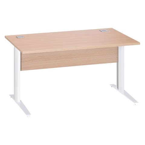Mesa recta patas metal en "L" Excellens roble claro An 140 cm con panel de fondo recto patas blancas