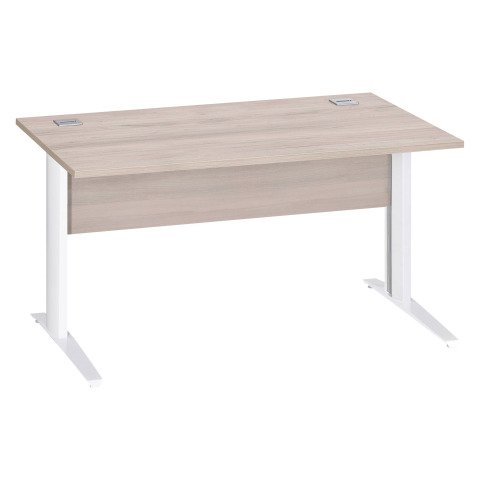 Mesa recta patas metal en "L" Excellens roble gris An 140 cm con panel de fondo recto patas blancas