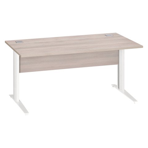 Mesa recta patas metal en "L" Excellens roble gris An 160 cm con panel de fondo recto patas blancas