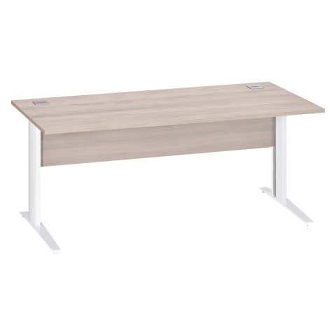 Mesa recta patas metal en "L" Excellens roble gris An 180 cm con panel de fondo recto patas blanco