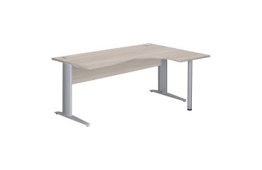 Kompaktschreibtisch Excellens Metall L 180 cm mit rechter Rückkehr Platte + Sichtblende Holz gerade graue Eiche - Metallfuß L