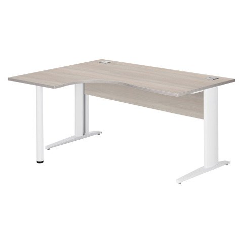 Mesa compacta patas metal "L" Excellens Roble gris An 160 cm ala izquierda con panel de fondo recto patas blancas