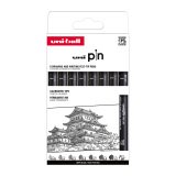 Stylo feutre Uni Ball à capuchon pointe pinceau et calibrées assorties - Pochette de 8