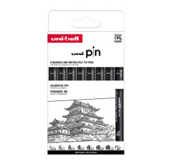 Stylo feutre Uni Ball à capuchon pointe pinceau et calibrées assorties - Pochette de 8