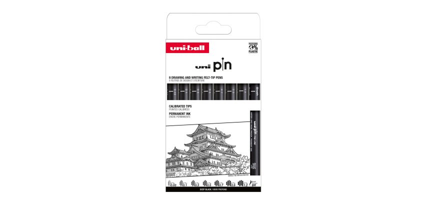 Stylo feutre Uni Ball à capuchon pointe pinceau et calibrées assorties - Pochette de 8