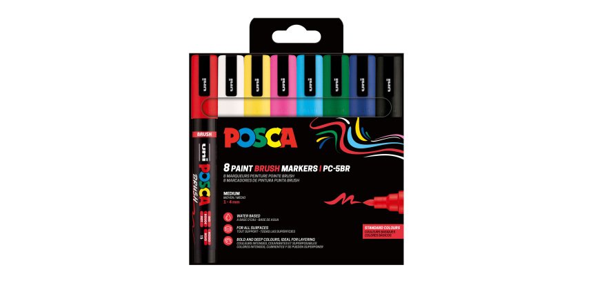Marqueur Posca PC5BR couleurs assorties pointe pinceau 1 à 4 mm - Pochette de 8