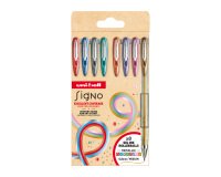 Stylo roller Uni Ball Signo à capuchon pointe 0,65 couleurs assorties pailletées - Pochette de 8