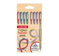 Stylo roller Uni Ball Signo à capuchon pointe 0,65 couleurs assorties pailletées - Pochette de 8
