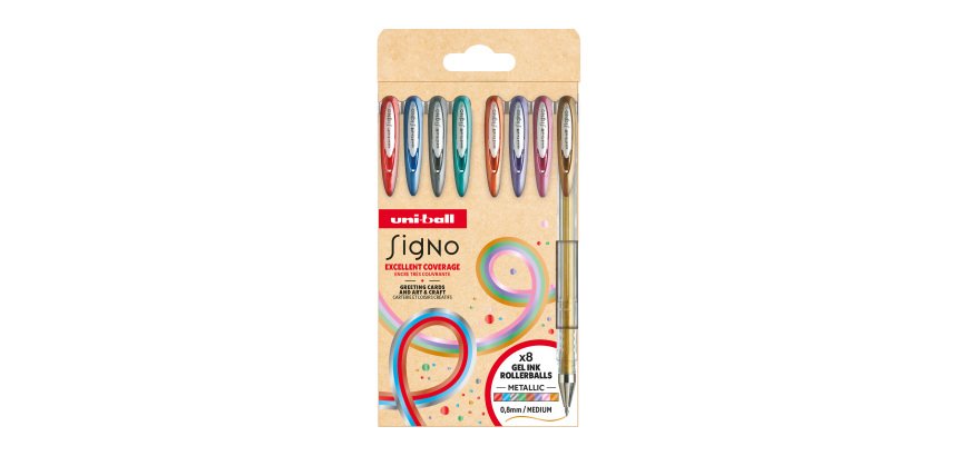 Stylo roller Uni Ball Signo à capuchon pointe 0,65 couleurs assorties pailletées - Pochette de 8