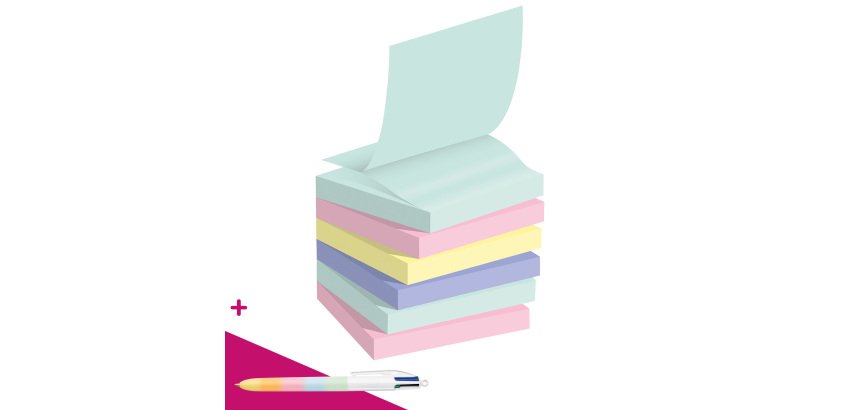 Z-notes repositionnables recyclées couleur nature Post-it 76 x 76 mm - bloc de 100 feuilles = 1 stylo Bic 4 couleurs offert pour l'achat de 16 notes
