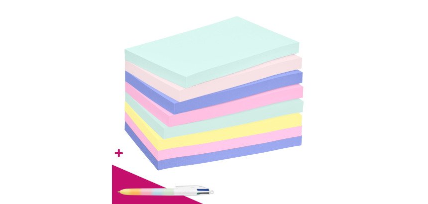 Notes repositionnables recyclées couleurs nature Post-It - bloc de 100 feuilles = 1 stylo Bic 4 couleurs offert
