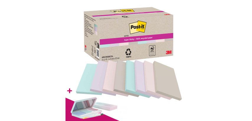 Notes repositionnables couleurs nature recyclées Post-It 127 x 76 mm  - bloc de 70 feuilles - Pour l'achat de 24 notes = 1 palette OFFERTE