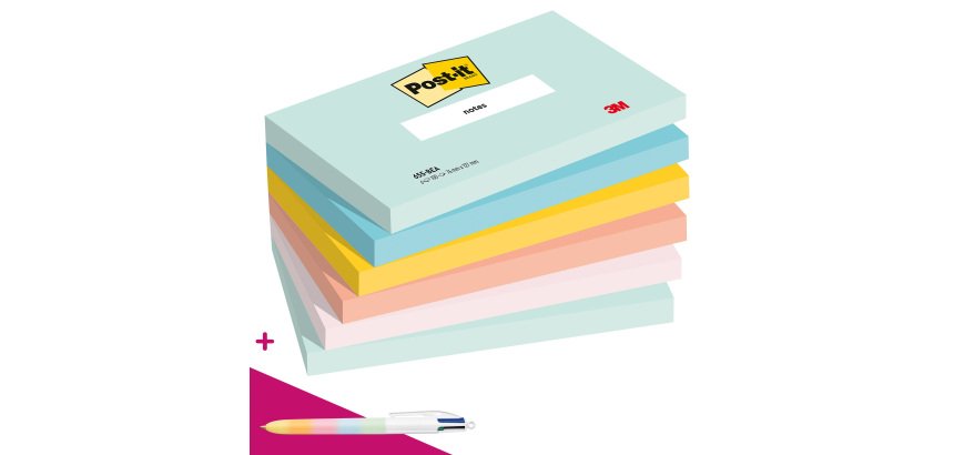 Notes repositionnables couleurs Beachside Post-It - bloc de 100 feuilles = 1 stylo Bic 4 couleurs offert pour l'achat de 12 notes