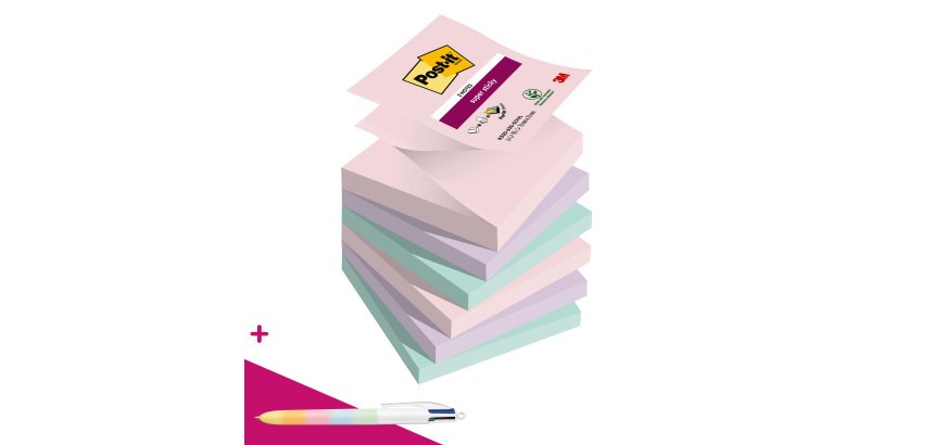 Z-notes repositionnables couleurs Soulful Super Sticky Post-it 76 x 76 mm - bloc de 90 feuilles = 1 stylo Bic 4 couleurs offert pour l'achat de 12 notes
