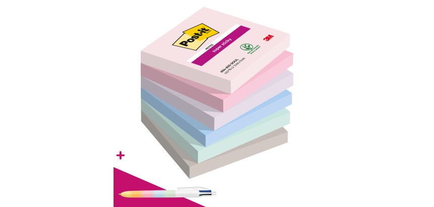 Notes repositionnables couleurs Soulful Super Sticky Post-it - bloc de 90 feuilles = 1 stylo Bic 4 couleurs offert pour l'achat de 12 notes