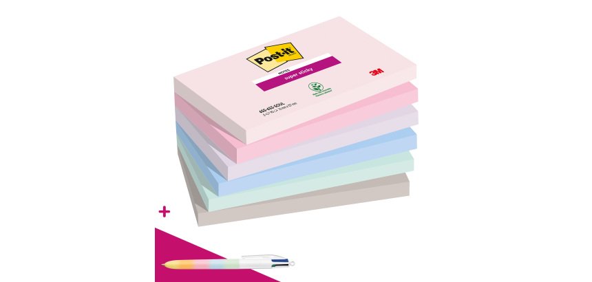 Notes repositionnables couleurs Soulful Super Sticky Post-it - bloc de 90 feuilles = 1 stylo Bic 4 couleurs offert pour l'achat de 12 notes