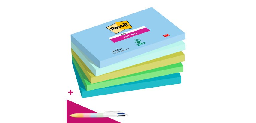 Notes repositionnables couleurs Oasis Super Sticky Post-it - bloc de 90 feuilles - Pour l'achat de 30 notes = 1 palette OFFERTE