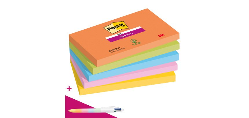 Notes repositionnables couleurs Boost Super Sticky Post-it - bloc de 90 feuilles = 1 stylo Bic 4 couleurs offert pour l'achat de 10 notes