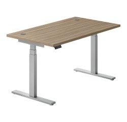 Electrically adjustable Ergomaxx Memo L 140 x D 80 cm height desk with elm finish.