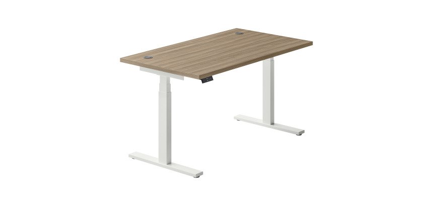 Electrically adjustable Ergomaxx Memo L 140 x D 80 cm height desk with elm finish.