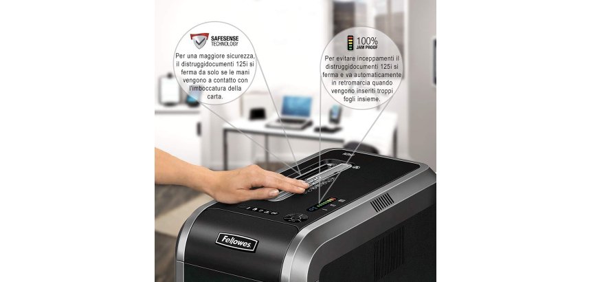 Distruggidocumenti Fellowes 125i, taglio a striscia, 18 fogli, nero