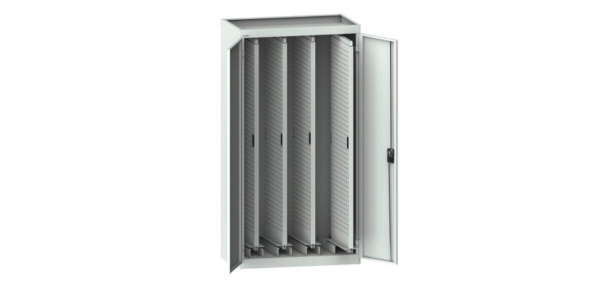 Armoire avec 2 portes battantes à 4 extensions verticales avec parois perforées Lista H 195 x L 100 x P 60 cm KEY Lock  gris RAL 7035