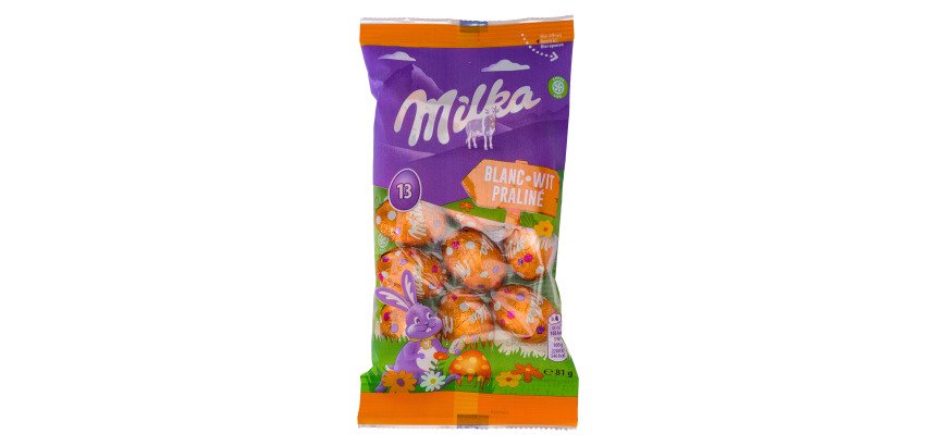 Œufs de Pâques Milka au Chocolat blanc et praliné - Sachet de 81 g