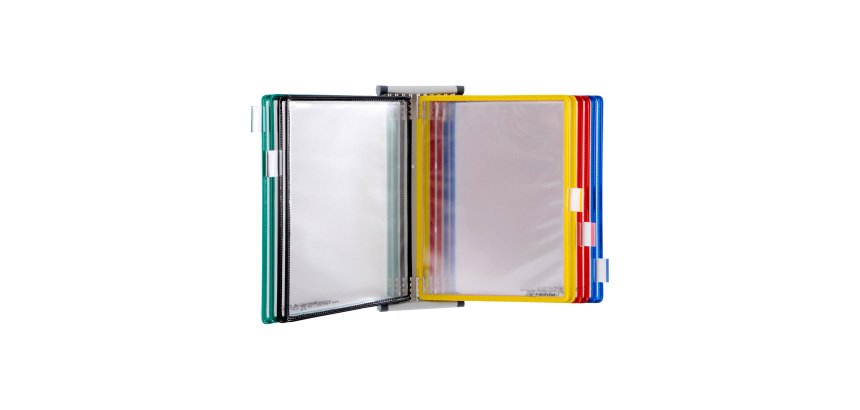 Expositor de pared metálico Tarifold A5 con 10 fundas