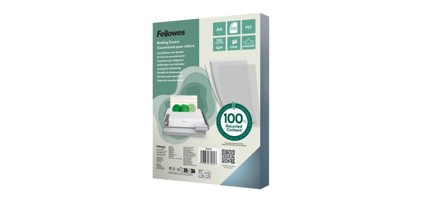 Portadas de encuadernación PET 100% reciclado Fellowes acabado cristal A4 150 micras paquete de 100
