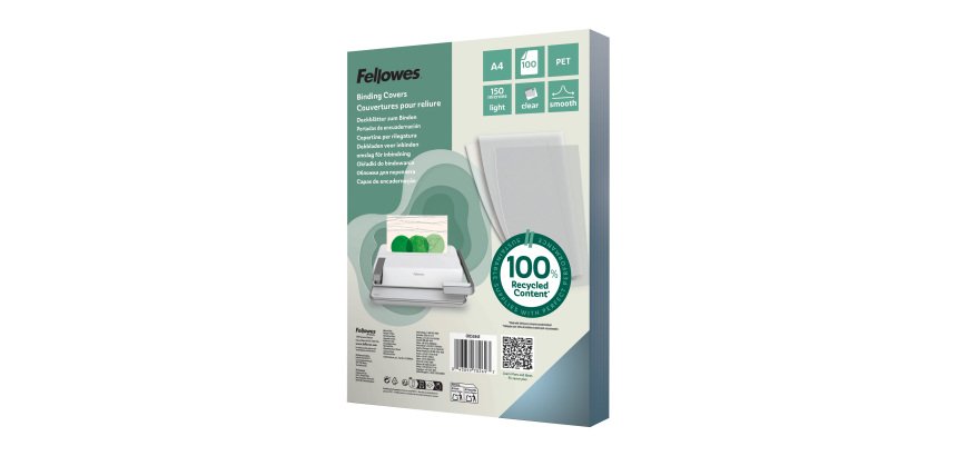 Portadas de encuadernación PET 100% reciclado Fellowes acabado cristal A4 150 micras paquete de 100