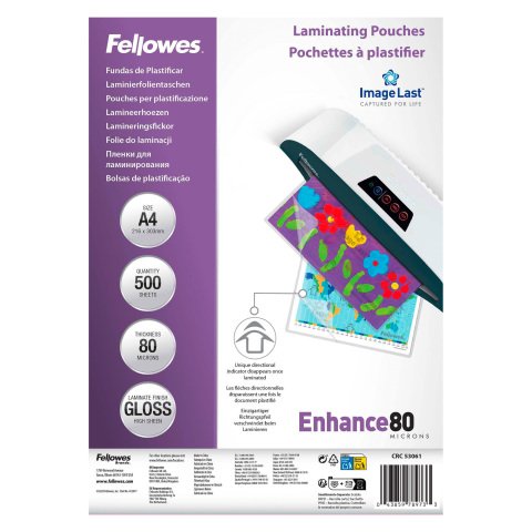Paquete de 500 fundas de plastificar Imagelast™ Fellowes A4 brillo 80 micras