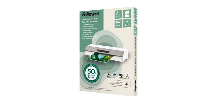Paquete de 100 fundas de plastificar A5 brillo Fellowes 50% recicladas