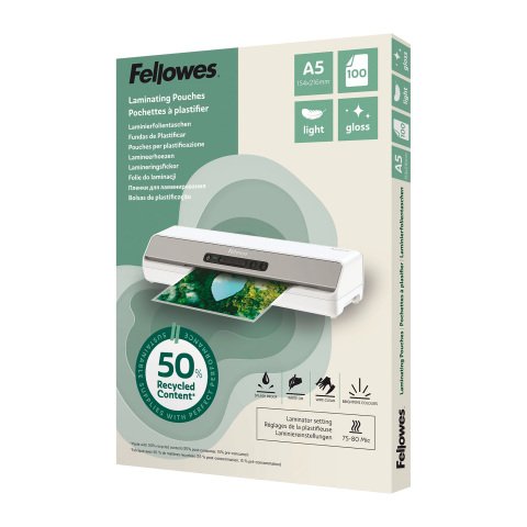 Paquete de 100 fundas de plastificar A5 brillo Fellowes 50% recicladas