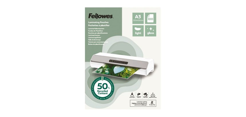 Paquete de 100 fundas de plastificar A3 brillo Fellowes 50% recicladas