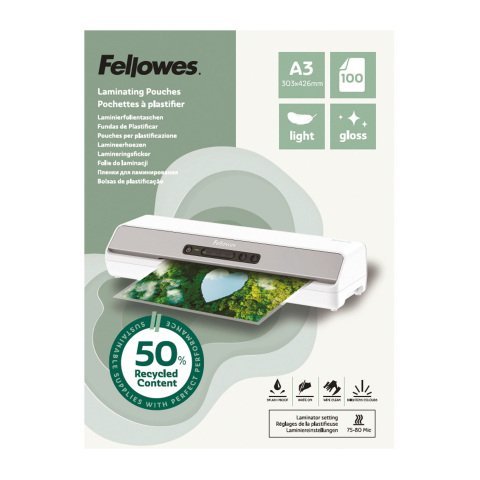 Paquete de 100 fundas de plastificar A3 brillo Fellowes 50% recicladas