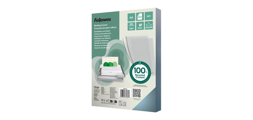 Portadas de encuadernación PET 100% reciclado Fellowes acabado cristal A4 180 micras paquete de 100