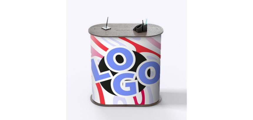 Comptoir d’accueil ovale publicitaire - marquage multicolore