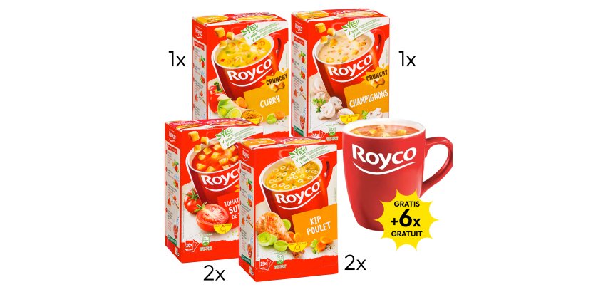 ROYCO PACK 2: 2 x tomates boulettes, 2 x poulet, 1 x curry, 1 x champignons + 6 tasses GRATUITES