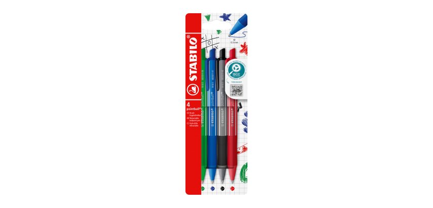 Stylo bille Stabilo Pointball Colorful rétractable pointe 2,5 mm - écriture moyenne - Pochette de 4 couleurs assorties