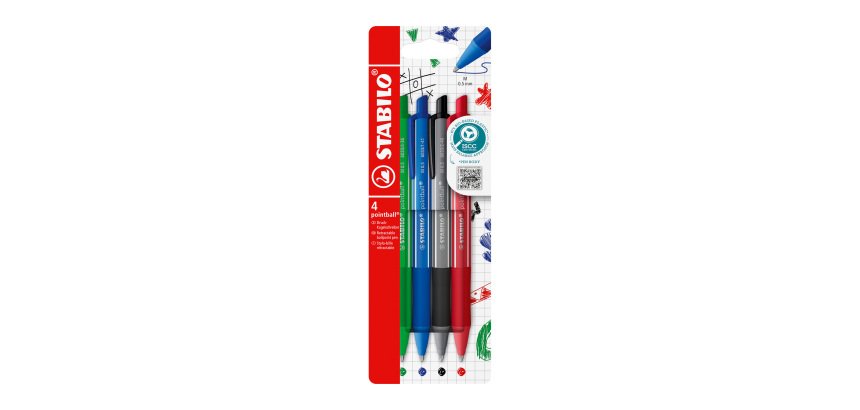 Stylo bille Stabilo Pointball Colorful rétractable pointe 2,5 mm - écriture moyenne - Pochette de 4 coloris assortis