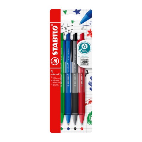 Stylo bille Stabilo Pointball Colorful rétractable pointe 2,5 mm - écriture moyenne - Pochette de 4 couleurs assorties