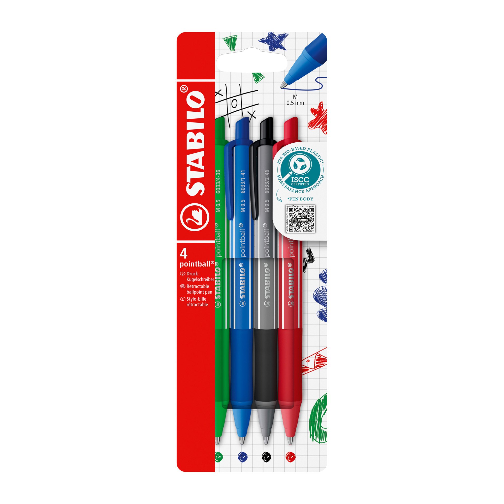 Amazon Basics STABILO Pointball Ballpoint Pens - 4 Pack Recycled Plastic Retractable Pens STABILO Pointball Recycled Pens