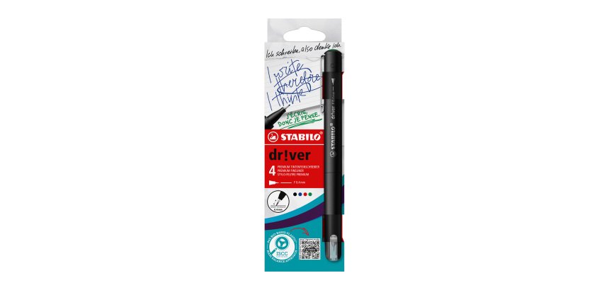 Stylo feutre Stabilo Driver F à capuchon pointe 0,4 mm - écriture fine - Pochette de 4 coloris classiques assortis