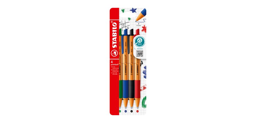 Stylo bille Stabilo Pointball rétractable pointe 2,5 mm - écriture moyenne - Pochette de 4 couleurs assorties