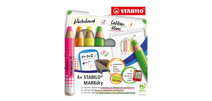 Crayon marqueur effaçable à sec Stabilo MARKdry - Etui de 4 couleurs assorties