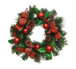 Couronne avec boules rouges, rubans et pommes de pins - Diam 30 cm