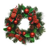 Couronne avec boules rouges, rubans et pommes de pins - Diam 30 cm